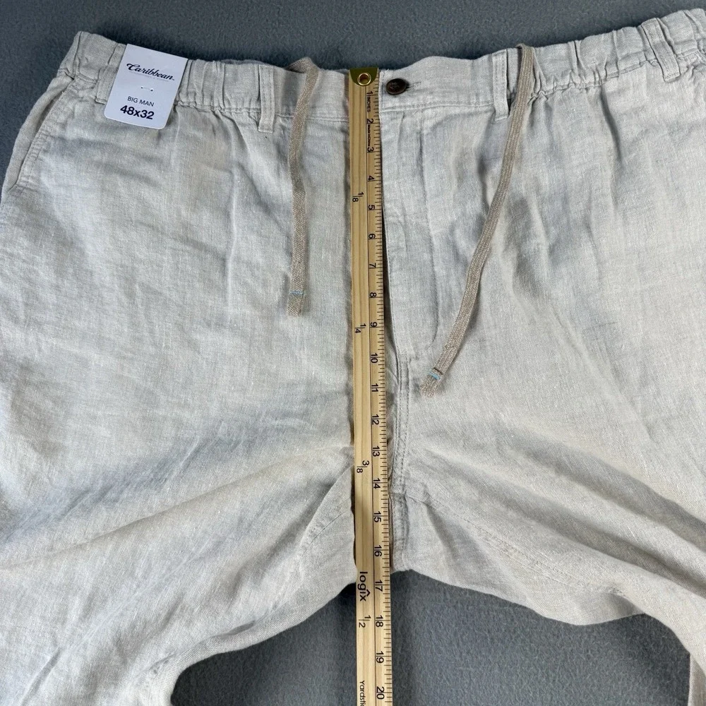 NWT Caribbean Roundtree &Yorke Mens 48x32 100%Natural Linen Drawstring Pant Big